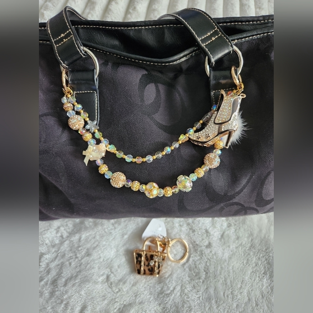 Gold and Brown Beaded Bag Charm Chain And Keychain Set Studded Boot Animal Print - Picture 14 of 16